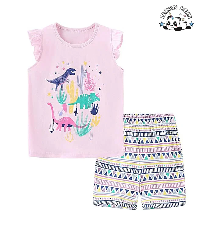 LEZONKIDS - Conjunto de Roupas de Verão para Crianças de 2 Peças: Camiseta sem Manga com Estampa e Shorts para Meninas com Logotipo Personalizado